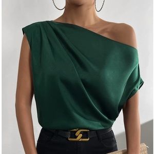 Dark Green Satin Draped Asymmetrical Blouse Top